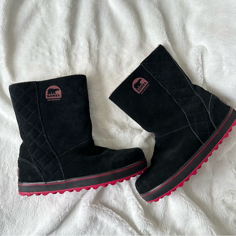 Sorel Glacy Snow Boots Black Pink Waterproof Suede Leather Women’s Size 10M